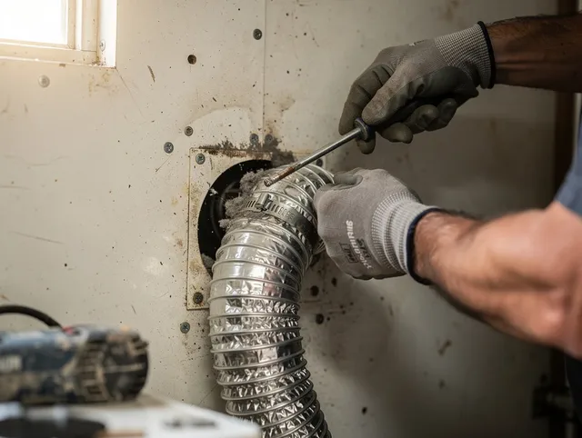 Wallingford Center Dryer Vent Cleaning technician performing precise dryer vent hose installation in Wallingford Center